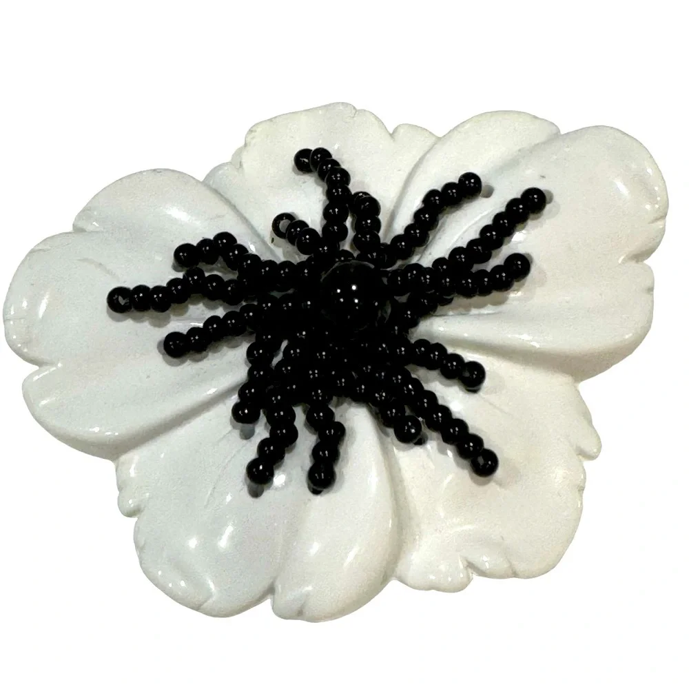 Large Vintage Black and White Resin and Bead Floral Brooch. EUC